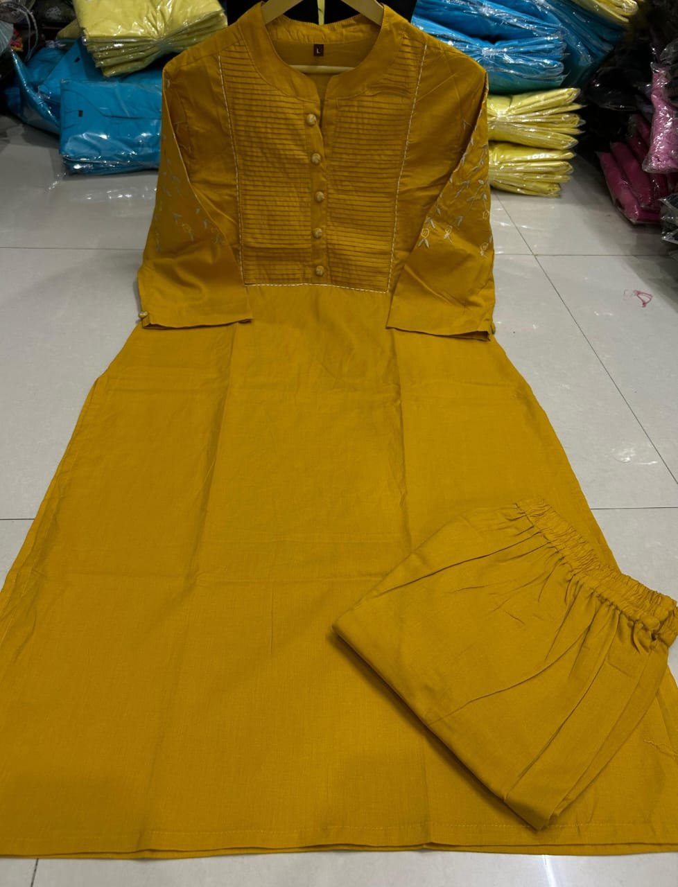 Yellow  Kurti Pant Set with Embroidery & Pintex Detailing